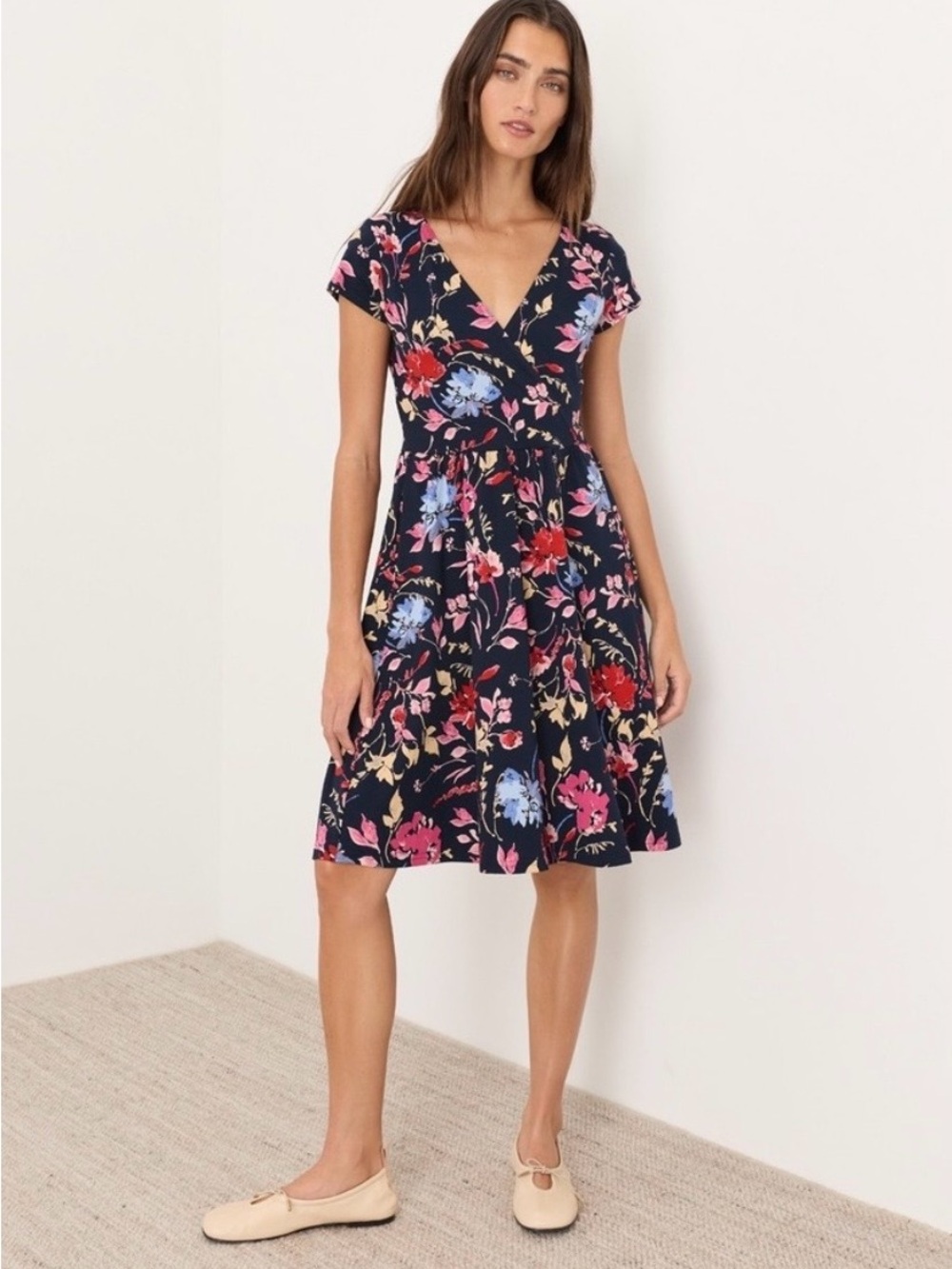 Pact Organic Cotton Floral Wrap Dress Navy Blue Short Sleeve Medium